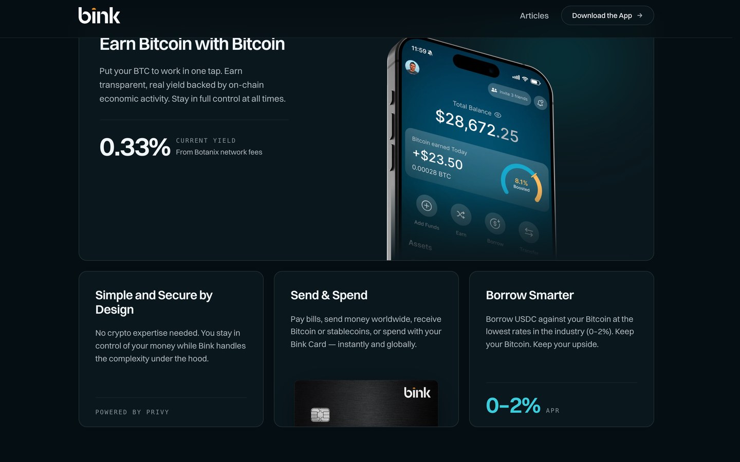 Bink marketing site product section with in-app UI